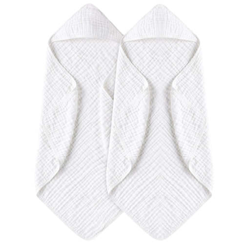 Yoofoss | Hooded Baby Towels for Newborn, 2 Pack, 100% Muslin Cotton, 32”x32” | White