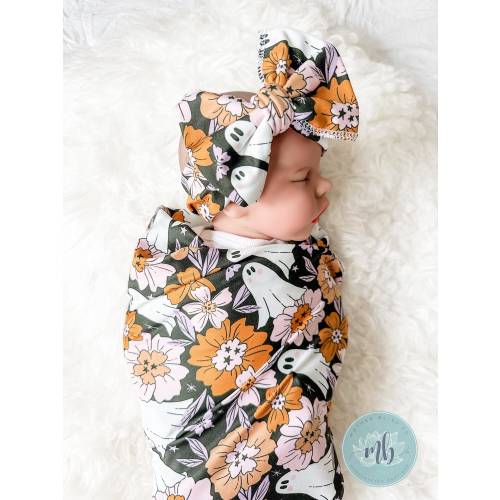 Floral Ghost Halloween Swaddle Blanket + Knotted Beanie Hat + Oversized Bow | Cute Halloween Ghost Blanket | Fall Baby Blanket Set