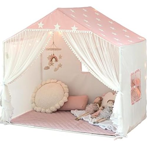 Kids Play Tent with Mat, Large Playhouse Tent with Pompoms Door Curtains, Children Play House for Girls Boys, Indoor Play Cottage (Pink)