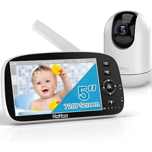 Baby Monitor, 5" 720P HD Split Screen, 30 Hours Battery Life Baby Monitor with Camera and Audio|Remote PTZ, Two-Way Audio, Zoom, Night Vision, Lullabies, 960ft Long Range