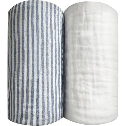Pack of 2 Ultra Soft Blue Striped Jacquard Muslin Baby Blanket Breathable Cotton Swaddle Blankets for Babies and Toddlers Boys Newborn 43 x 43 inches White