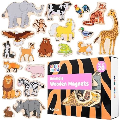 SPARK & WOW Wooden Magnets - Animals - Set of 20 - Magnets for Kids Ages 2+ - Cute Animal Magnets for Fridges, Whiteboards and More