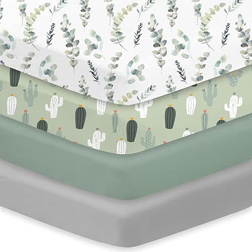 Little Grape Land Crib Sheets 4 Pack, Baby Crib Sheet Set for Standard Crib & Toddler Mattress, Super Soft Breathable Crib Mattress Sheets Fitted Girl & Boy, Leaves/Cactus/Green/Grey Set