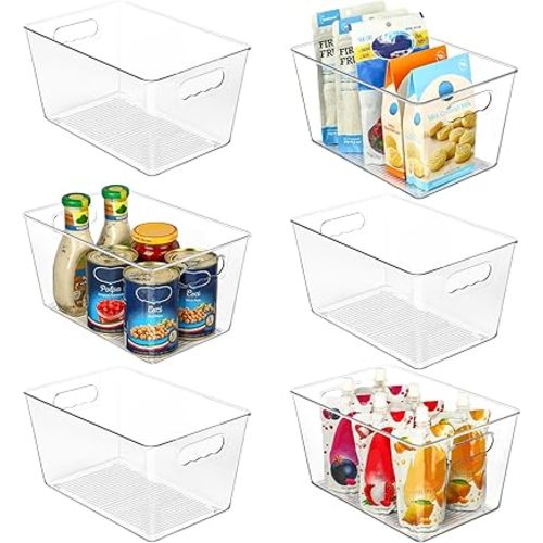 Vtopmart Clear Plastic Pantry Organizer Bins, 6 PCS Food Storage Bins with Handle for Refrigerator, Fridge, Cabinet, Kitchen, Countertops, Cupboard, Freezer Organization and Storage, BPA Free, Large