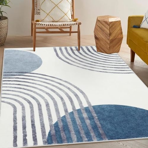 Wonnitar Boho Washable Area Rug 5x7, Blue Large Living Room Rug, Non-Slip Soft Rugs for Bedroom Aesthetic, Mid Century Modern Rainbow Nursery Throw Carpet for Boy Kids Room Office (Blue,5'x7')