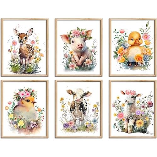 Baby Watercolor Farm Animals Nursery Wall Art Prints,Cute Baby Animal Nursery Farm Wall Art,Baby Farm Animals Themed Posters for Farmhouse Kids Room Farmhouse Decor,Set of 6 (8" X 10" inches,