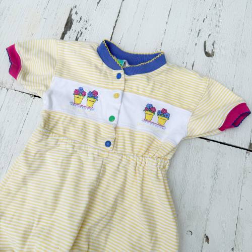 Vintage 1990s Style McKids Baby Romper | Yellow & White Striped with Garden Print on Chest | Vintage Baby Clothing | 24 Months