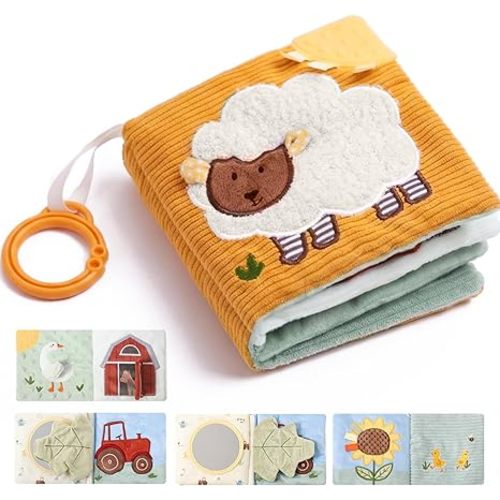 let's make Soft Baby Book for 0-12 Months, Crinkle Sensory Cloth Book with Teether, Mirror, Squeaker and C Clip, Farm Story Tummy Time Stroller Toy