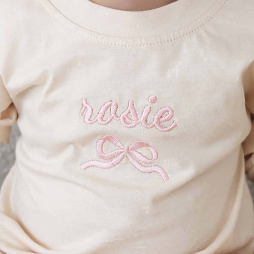 Personalized Bow Long Sleeve Bubble Romper | Natural