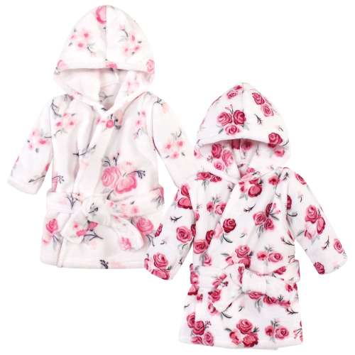 Hudson Baby Infant Girl 2Pc Plush Animal Face Bathrobe, Pink Floral Rose, 0-9 Months - Pink Floral Rose - 0-9 Months