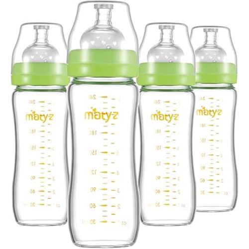 Matyz Glass Breastmilk Baby Feeding Bottle with Nipple, 4 Pack, 8 oz Slim and Light Bottle Easy to Hold, Food Grade Borosilicate Glass, Wide Neck Easy to Clean, No BPA (Green Lids)