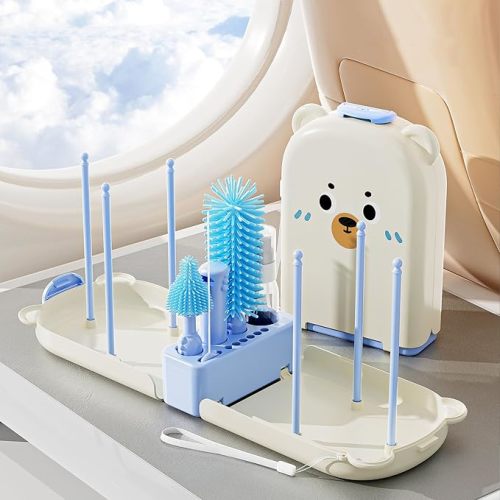 Baby Bottle Brush, 6 in 1 Travel Bottle Cleaner Kit with Silicone Bottle Brush, Nipple Brush, Straw Brush, Soap Dispenser, Bottle Drying Rack, Portable Essentials for Home and Travel-Blue