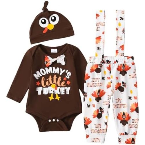Baby Boy Thanksgiving Outfit Turkey Romper+Suspender Pants My 1st Thanksgiving Clothes