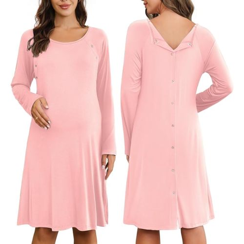 Ekouaer Women’s Nursing/Delivery/Labor Nightgown Long Sleeve Maternity Sleepshirt for Breastfeeding with Button - Pink - Small