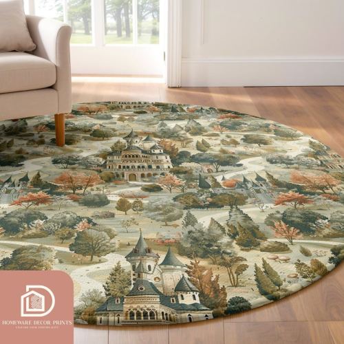 Autumn Forest Castle 5ft Round Rug, Aesthetic Car Road Map Playmat, Nature Theme Kid Nursery Room, Medieval Circular Mat, Woodland Carpet