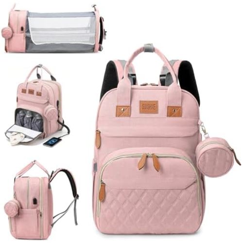 Diaper Bag Backpack, Large Diaper Bag with Changing Station, Baby Bag, New Mom Gifts, Lightweight Waterproof Unisex Diaper Bag with Insulated Pockets and USB Charging Port, Pink