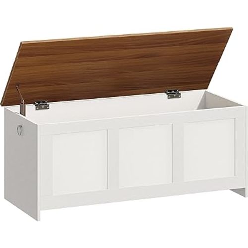 HOOBRO Storage Bench, 43.3" Retro Wooden Storage Chest, Wooden Storage Trunk, Toy Chest with Lift Top, Multifunctional Entryway Organizer, for Entryway, Living Room, White and Walnut WH411CW01