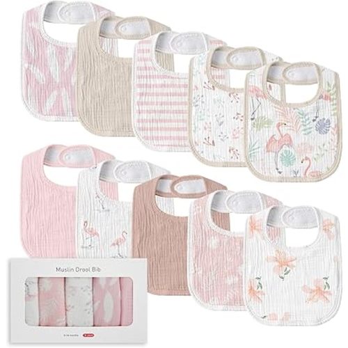 Muslin Baby Drool Bibs for Unisex Boys Girls, 10 Pack Soft Cotton Baby Bib for Teething Drooling, Essentials Shower Gift (10, Light Pink)