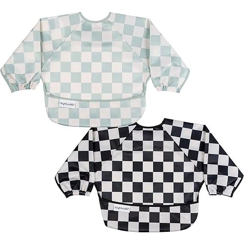Tiny Twinkle Mess Proof Baby Bibs, 2pk Waterproof Smock Baby Bibs for Eating, Machine Washable Long Sleeve Bibs, Baby Led Weaning, Toddler Bibs, BLW Supplies (Black,Sage Checkers, Small 6-24 Months)