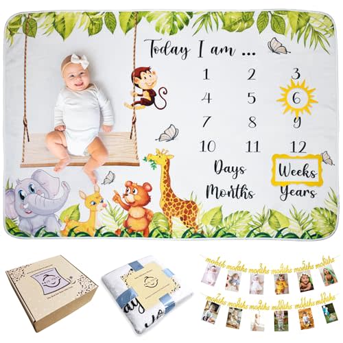 A&JS Tots Baby Monthly Milestone Blanket for Boy or Girl, Gender Neutral Gift for Babies Shower, First Year Baby Growth Blanket, Photo Banner for Pictures Includes, Soft Flannel Wrinkle Free 60"x40"