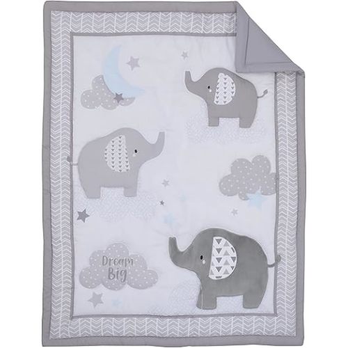 Little Love by NoJo Elephant Stroll Dream Big Clouds and Stars with Chevron Border 3 Piece Nursery Crib Bedding Set - Comforter, Fitted Crib Sheet, and Crib Skirt