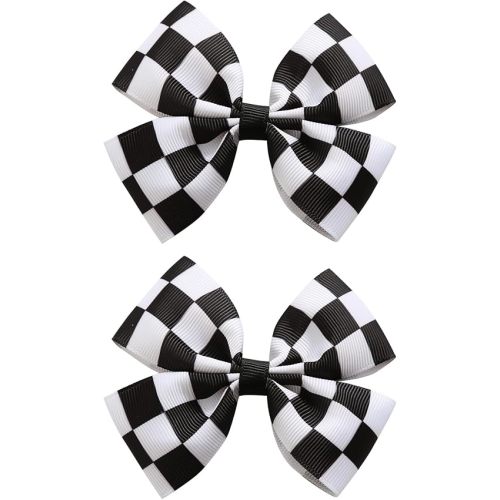 2PC Racing Checkered Flag Hair Bow Clips 4 Inch Girls Women Black and White Racing Fan Pigtail Hair Accessories