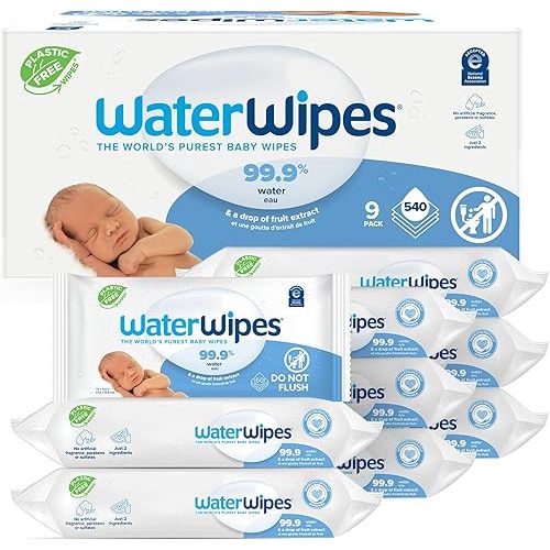 WaterWipes Plastic-Free Original-baby Wipes, 99.9% Water Based Wipes, Unscented & Hypoallergenic for Sensitive Skin, 60 Count (Pack of 9) Total 540 wipes, Packaging May Vary