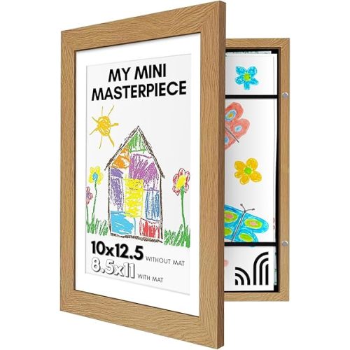 Kids Artwork Frame Changeable (Dark Oak) - Magnetic Door Holds 100 Art Pieces - 8.5x11 Letter Size Display with Mat or 10x12.5 Without Mat - My Mini Masterpiece