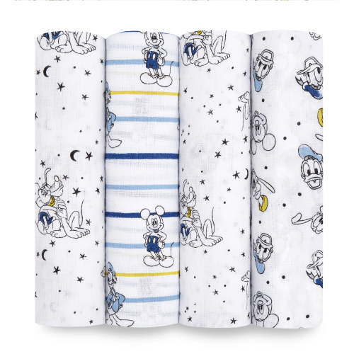 Aden + Anais Essentials Disney 100% Muslin Cotton Swaddle Blanket, Unisex, 4 Pack, Mickey