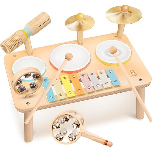 OATHX Wooden Musical Instrument Set for Toddlers - Montessori Toy for Boys Girls Ages 1-5, Birthday Gift & Early Learning Toy - Music Education Set with Drums, Xylophone, Bell, Cymbals & Tone Block