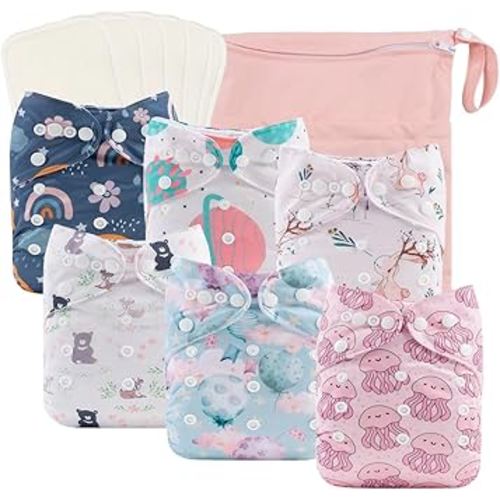 babygoal Reusable Cloth Diapers 6 Pack+6pcs Rayon from Bamboo Inserts+Wet Bag, One Size Adjustable Washable Pocket Nappy Covers for Baby Girls and Boys 6FG38