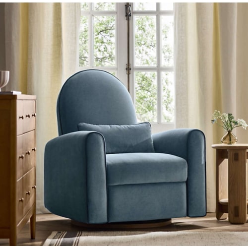 Miles Ocean Blue Velvet Nursery Power Recliner Swivel Chair with Wooden Base