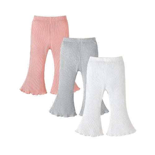 3 Pack Baby Girl Pants: Infant Solid Ribbed Flare Pants Cotton Pull On Bottoms Leggings for Toddler 0-24 Months