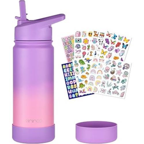 Mininoo Kids Water Bottle for School, 16oz Stainless Steel Insulated Water Bottle Kids with Straw Lid for Girls, Boys (Purple/Pink)