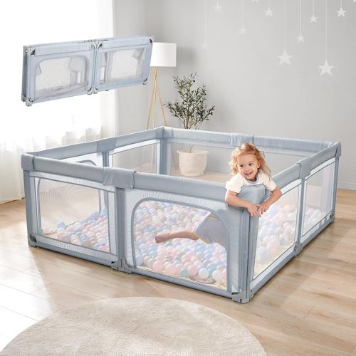 Cholena 79"x59" Foldable Baby Playpen with Bottom – Play Yard for Contained Play Space, Indoor Safety Fence with Zipper Door（Light Grey）