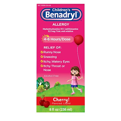 Benadryl Children's Allergy Relief Liquid Medicine with Diphenhydramine HCl Antihistamine for Kids' Allergy Relief, Effective Allergy Relief, Cherry Flavor, 8 fl. oz