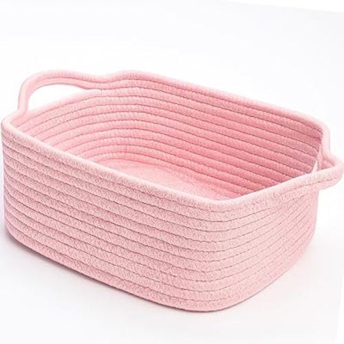 GiftExpress Pink Woven Gift Basket - 15" x 10" x 5" Cotton Rope Organizing Baskets for Baby Items or Cat & Dog Toys - Cute Soft Gift Storage Bin w/ Handles
