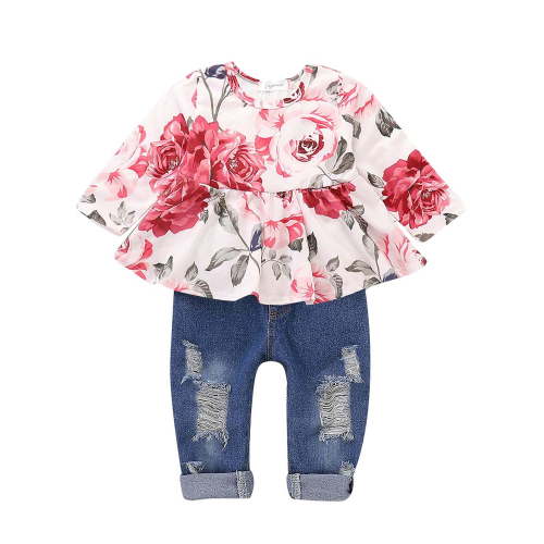 CARETOO Toddler Baby Girl Floral Ruffle Cotton Top & Ripped Jeans Outfit Set