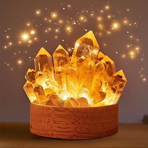Citrine Crystal Night Light Natural Healing Crystal Bedside Lamp Mini Soft Warm LED Night Lamp with Wooden Base Bedroom Lamp Suitable Night Light for Living Room Bedroom Office Home Decor