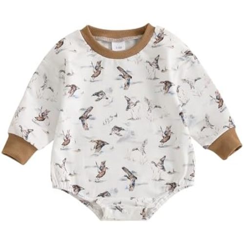 Newborn Infant Baby Boy Girl Hunting Clothes Mallard Duck Embroidery Oversized Sweatshirt Bubble Romper Bodysuit
