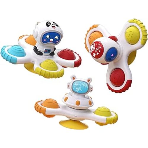 Baby Spin Rattle Set 3 Pcs, Suction Cup Infant Spinner - Sensory Bath Sucker, Travel Busy Teething Toy for Toddlers, Gifts 1-3 Yr Boy/Girl