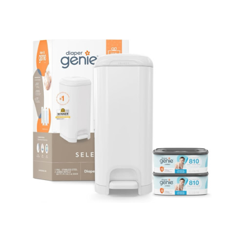 Diaper Genie Select Pail Registry Gift Set (White) | Made of Durable Stainless Steel Metal | Includes 2 Jumbo Refills | Holds 1620 Newborn Diapers