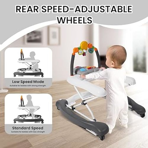 Baby Walker, 5-in-1 Baby Walkers for Boys and Girls 6-12 Months with Bouncer, Removable Footrest, Feeding Tray & Music, Foldable & Adjustable Activity Walker for 6-18 Months Toddler Infant