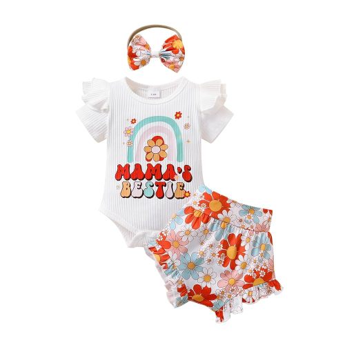 Tiny Cutey Baby Girl Clothes Infant Summer Outfits Set Ruffle Sleeve Romper and Floral Shorts with Headband