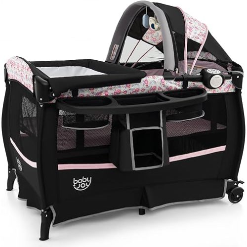BABY JOY 4 in 1 Pack and Play, Portable Baby Playard with Bassinet & Flip-Away Changing Table, Canopy, Infant Bassinet with Storage Basket, Oxford Bag from Newborn to Toddlers (Pink Flower)