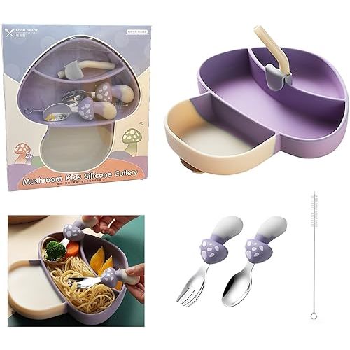 Silicone Suction Plate for Toddlers, Spoon, Fork, Baby Eating Essentials, Toddler plate and Utensils Set(Silicone Baby Feeding Set - Purple Mushroom)