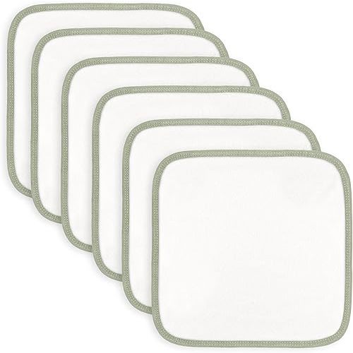 Comfy Cubs Organic Rayon Made from Bamboo Baby Washcloths, 6 Pack, Ultra-Soft Organic Fabric, Gentle on Sensitive Skin for Face and Body, Plush, Super Absorbent for Girls and Boys (Sage Trim)