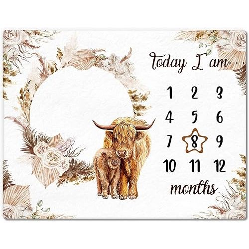 Boho Floral Baby Monthly Milestone Blanket Neutral Bohemian Photo Prop Blanket Personalized Highland Cow Baby Present Pampas Grass Ideas for Baby Newborn Nursery Decor (Brown, Highland Cow)