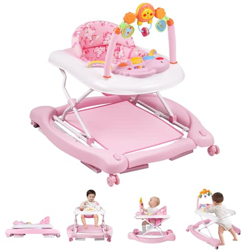 Baby Walker, 5 in 1 Baby Walkers for Boys Girls 6-12 Months, Foldable Walkers for Babies with Bouncer & Feeding Tray, Music, Adjustable Heights, Activity Walker for Infant