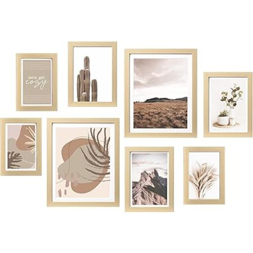 ArtbyHannah Gallery Wall Frame Set,Beige Picture Frames Collage Wall Decor with Neutural Art for Living Room Stariway,8 Pack Assorted Size 8"x10",5"x7",4"x6", Small